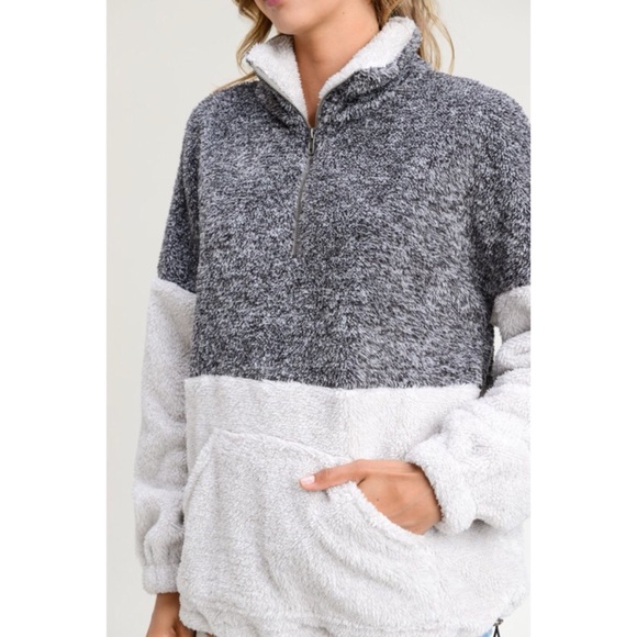 Two Tone Fuzzy Pull Over Sweater - Charcoal/Grey - Picture 5 of 6